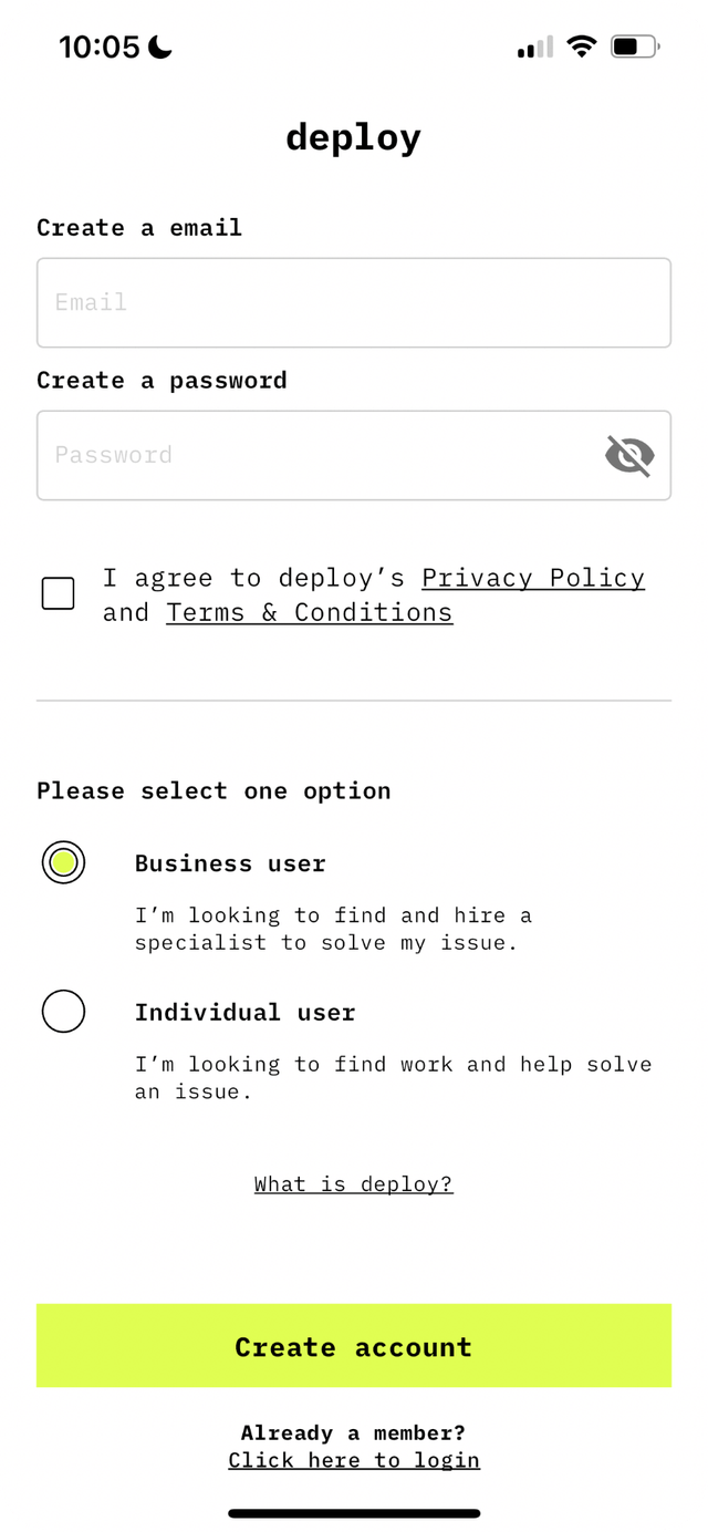 Deploy App login screen