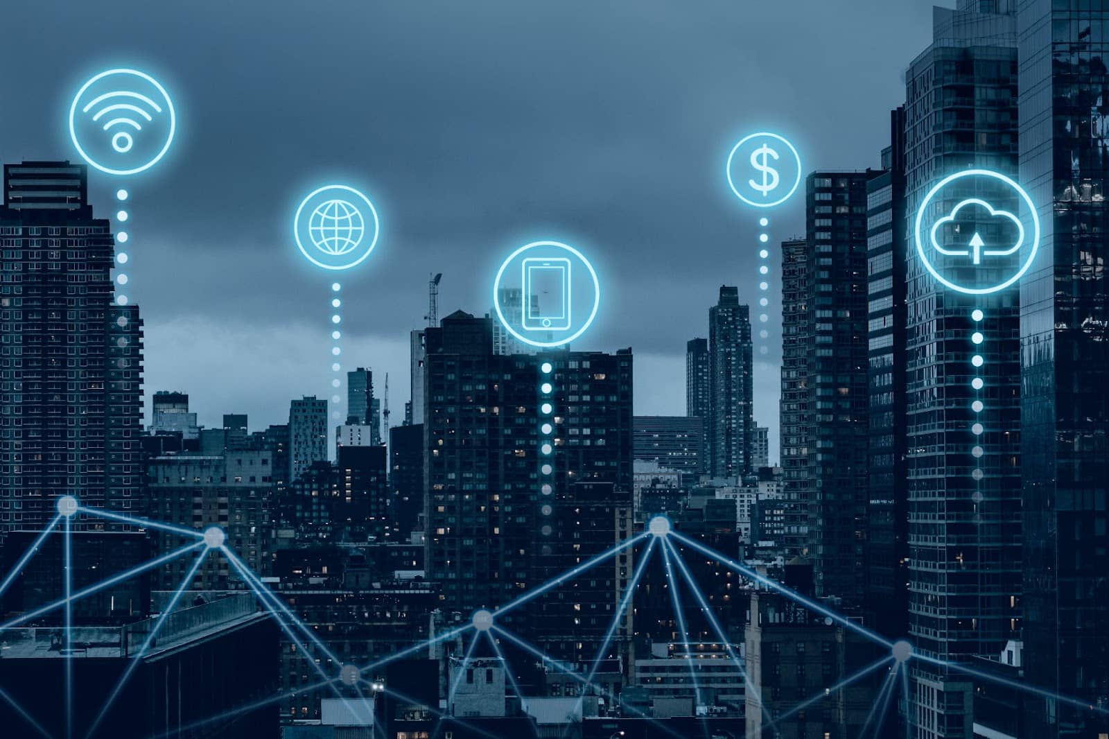 An image of a city with illuminated icons appearing over the buildings