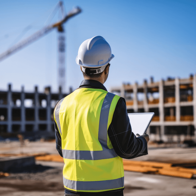 Person standing on construction site with an ipad
