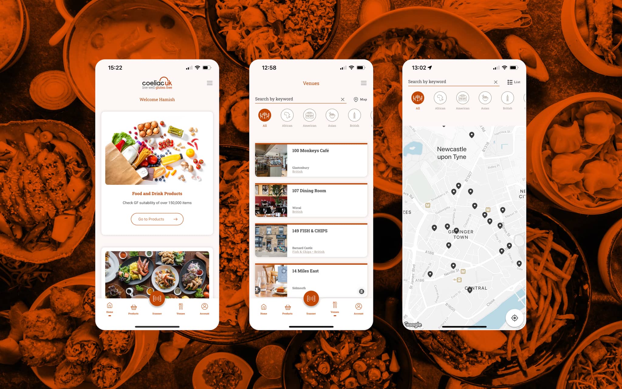 Coeliac UK app screens