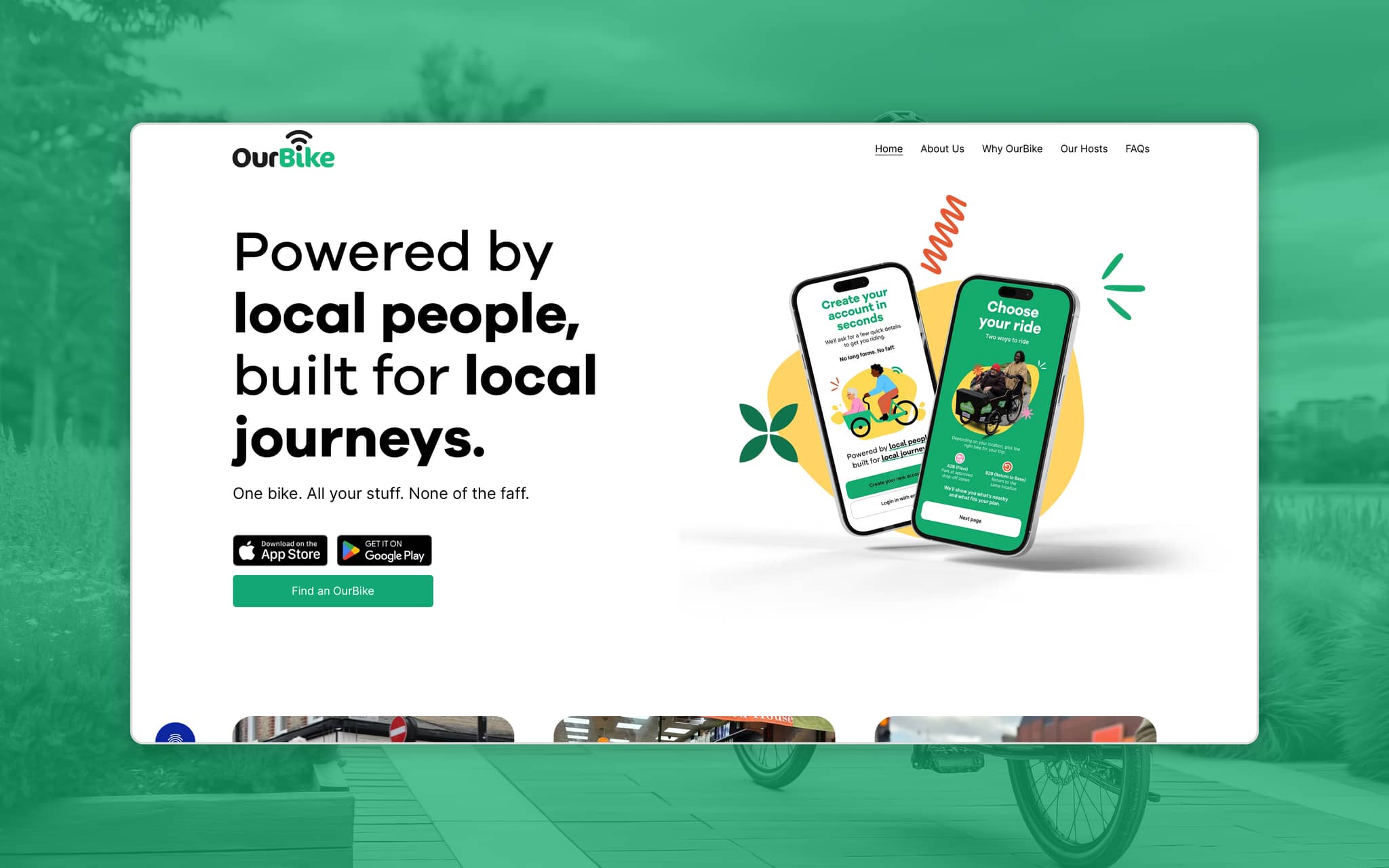 Our bike website homepage on a background