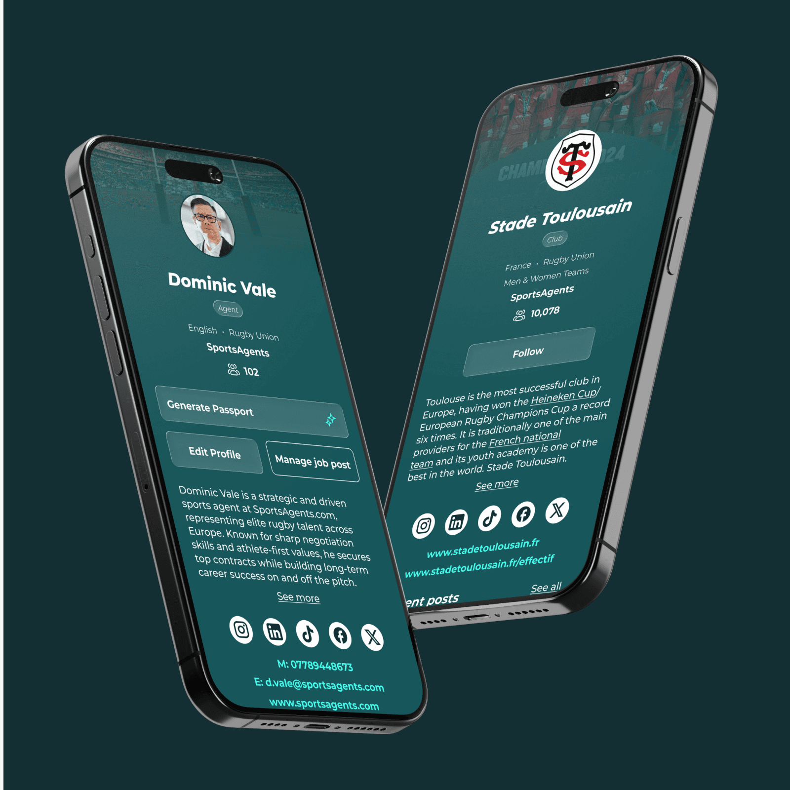 Rugby link agent and club profiles on phones