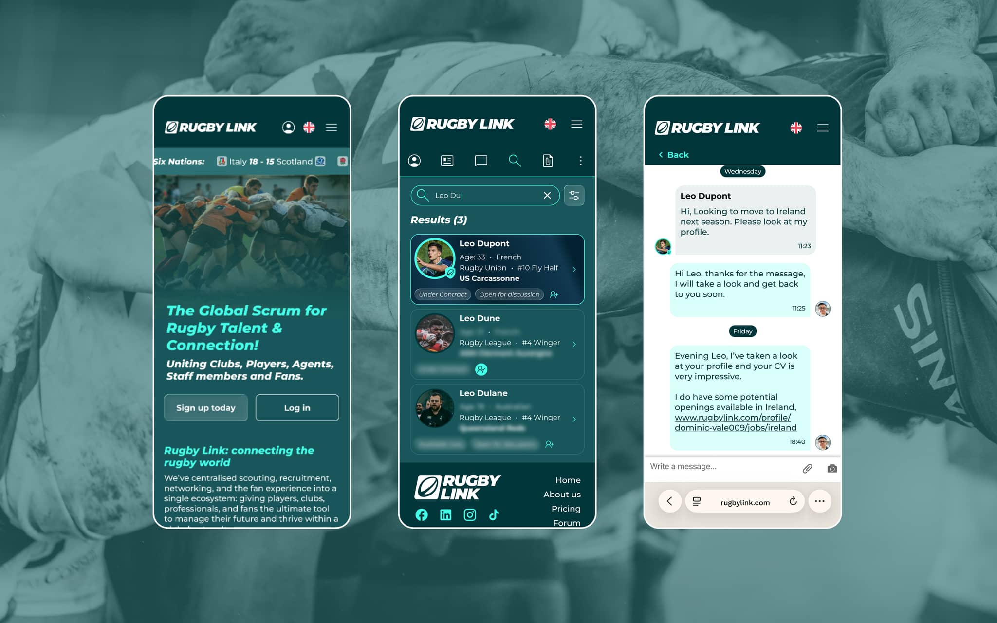 Rugby Link on mobile phone