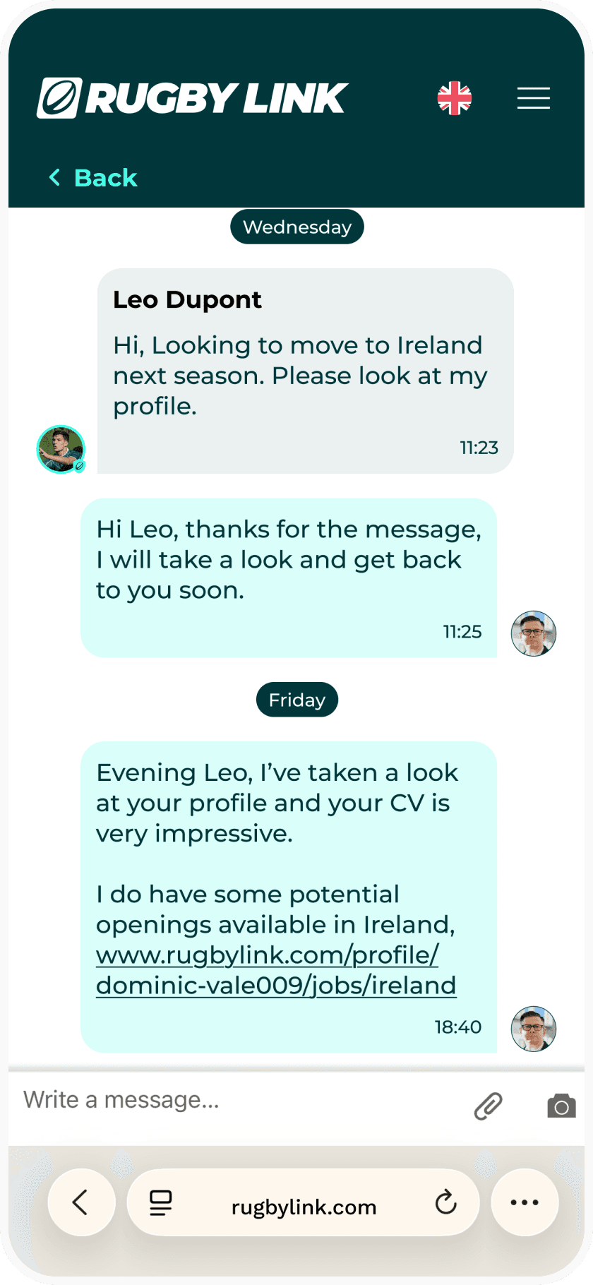Rugby Link messaging