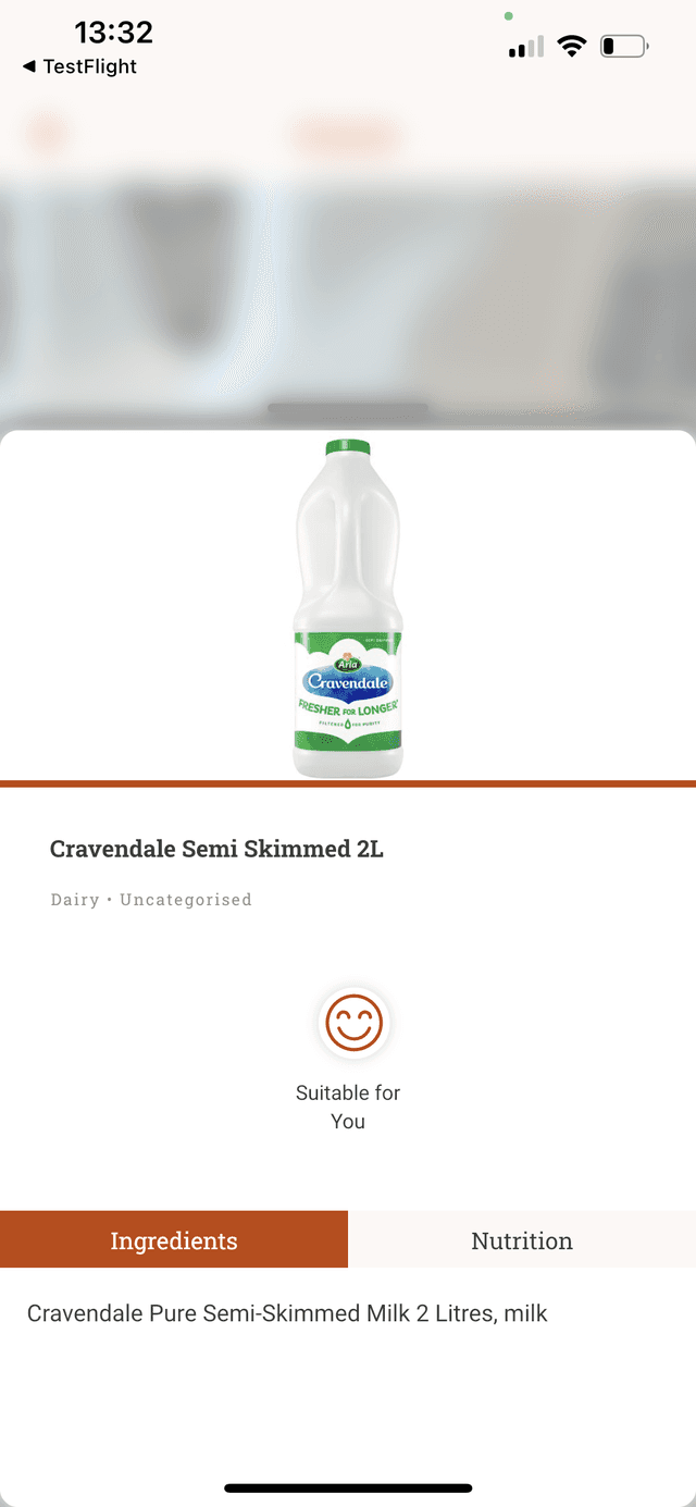 Coeliac UK app showing milk