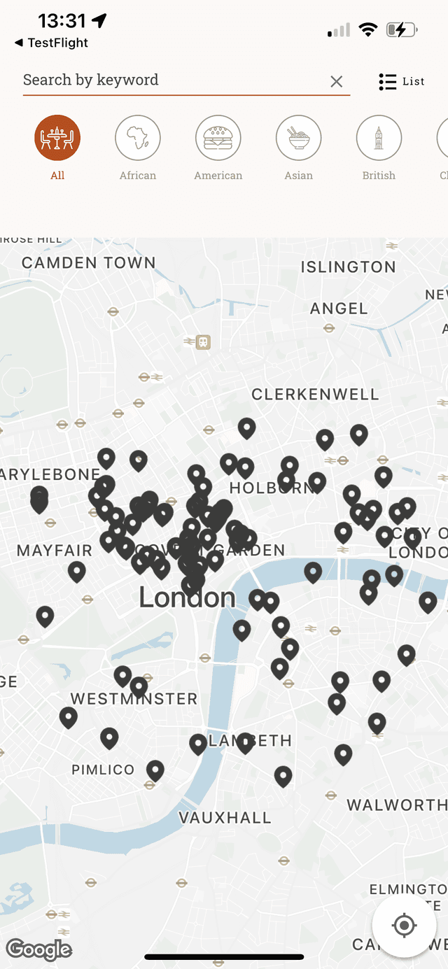 Coeliac UK app map screen
