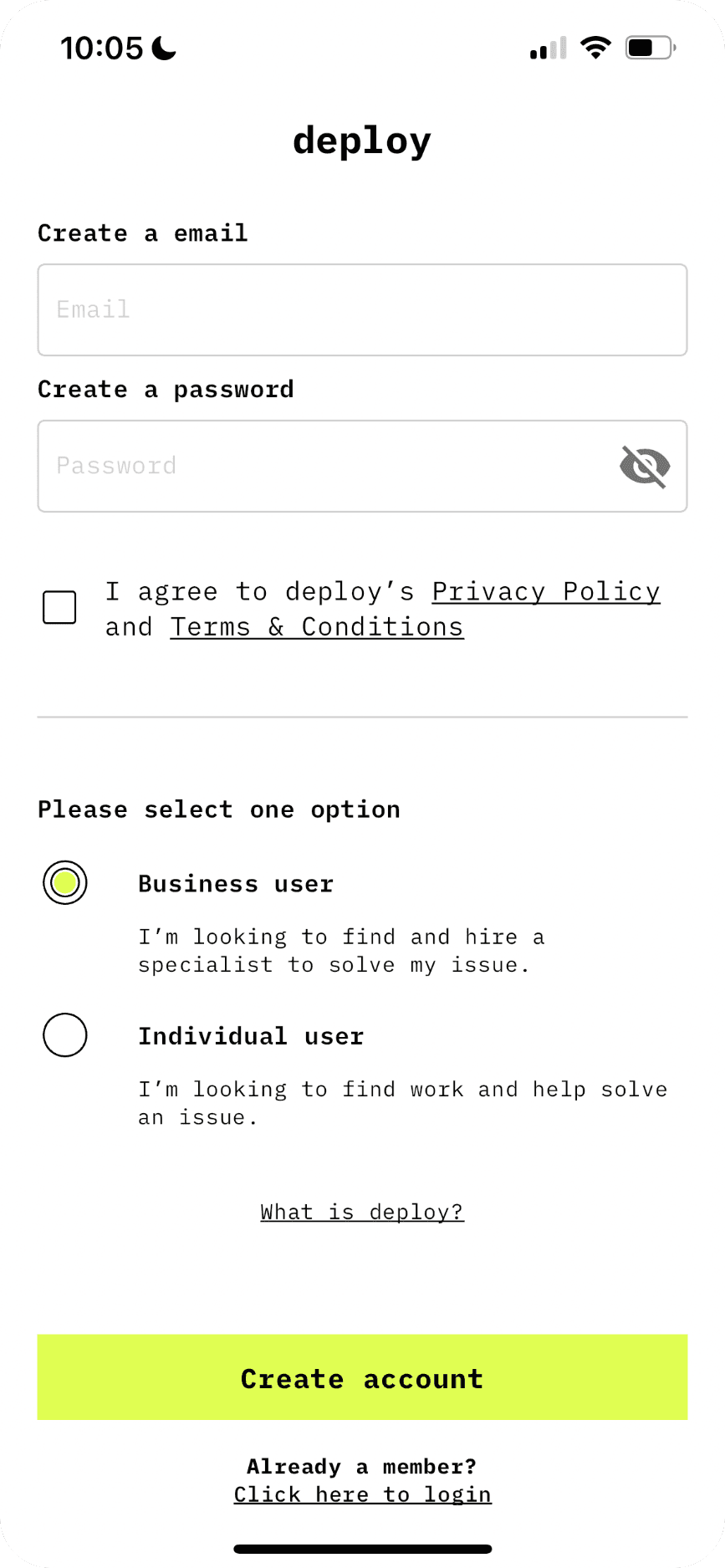 Deploy App login screen