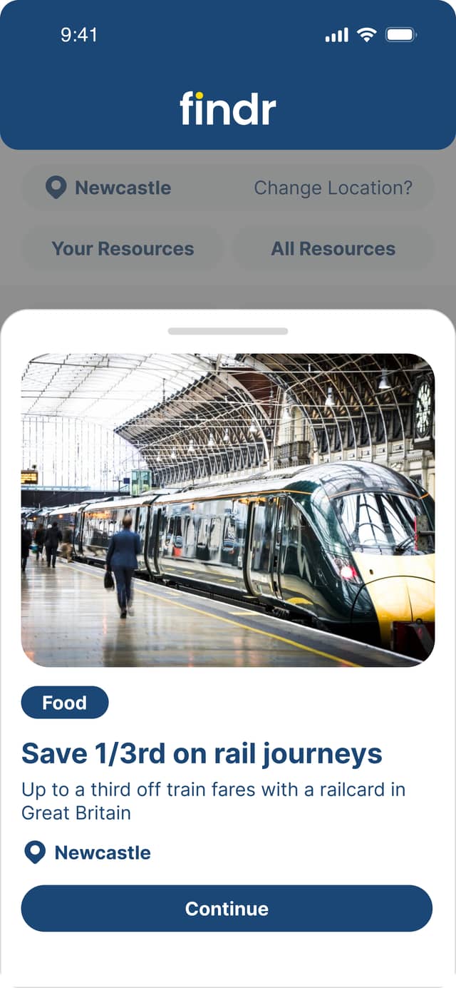 Findr App screen showing train booking