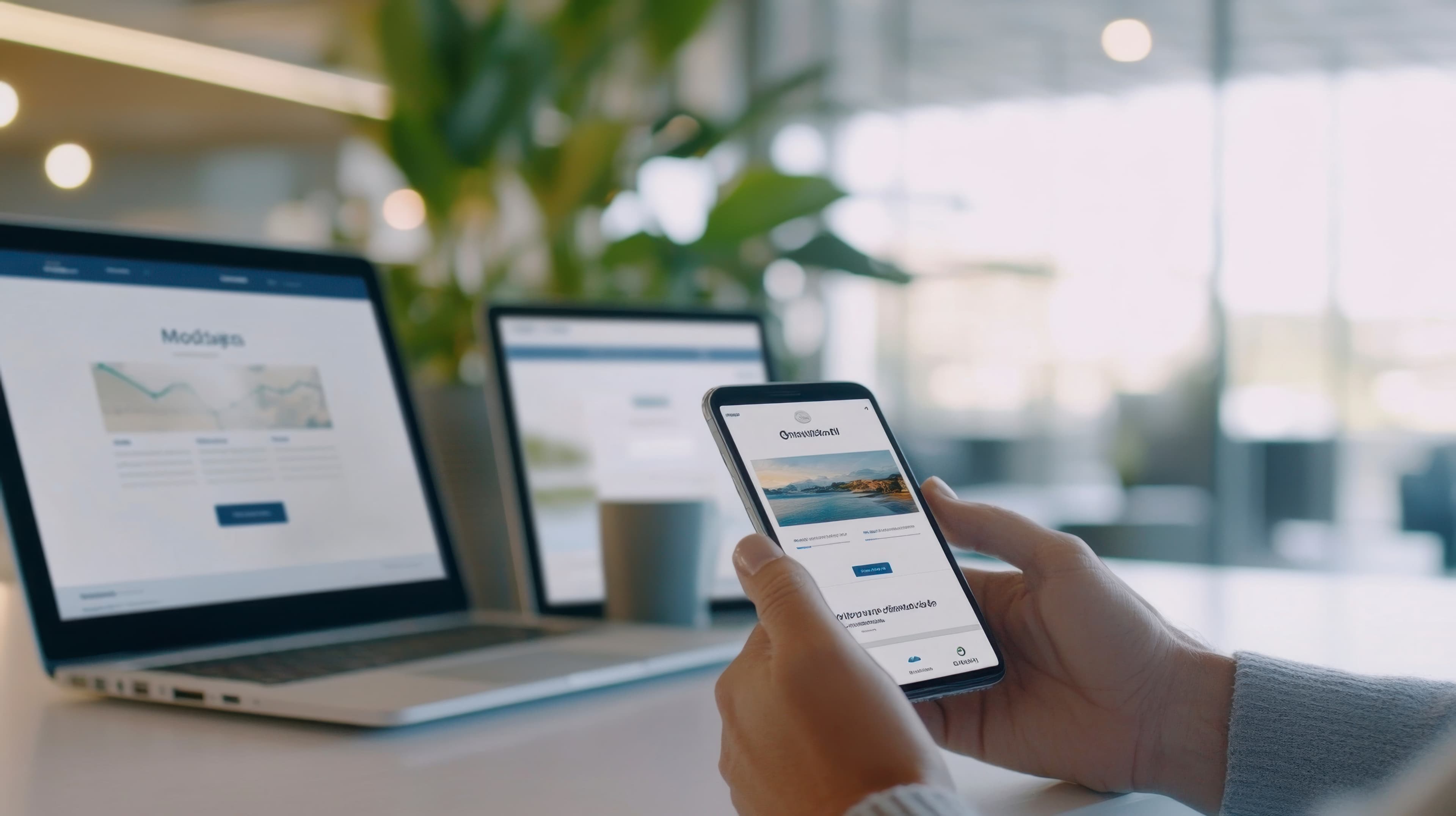 Person using a phone and laptop