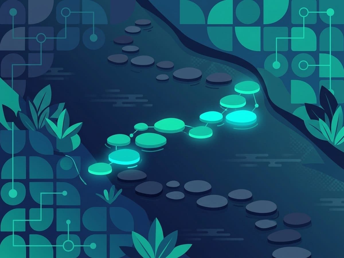 Stepping stones crossing a dark stream between banks of foliage, with one path of stones glowing teal.
