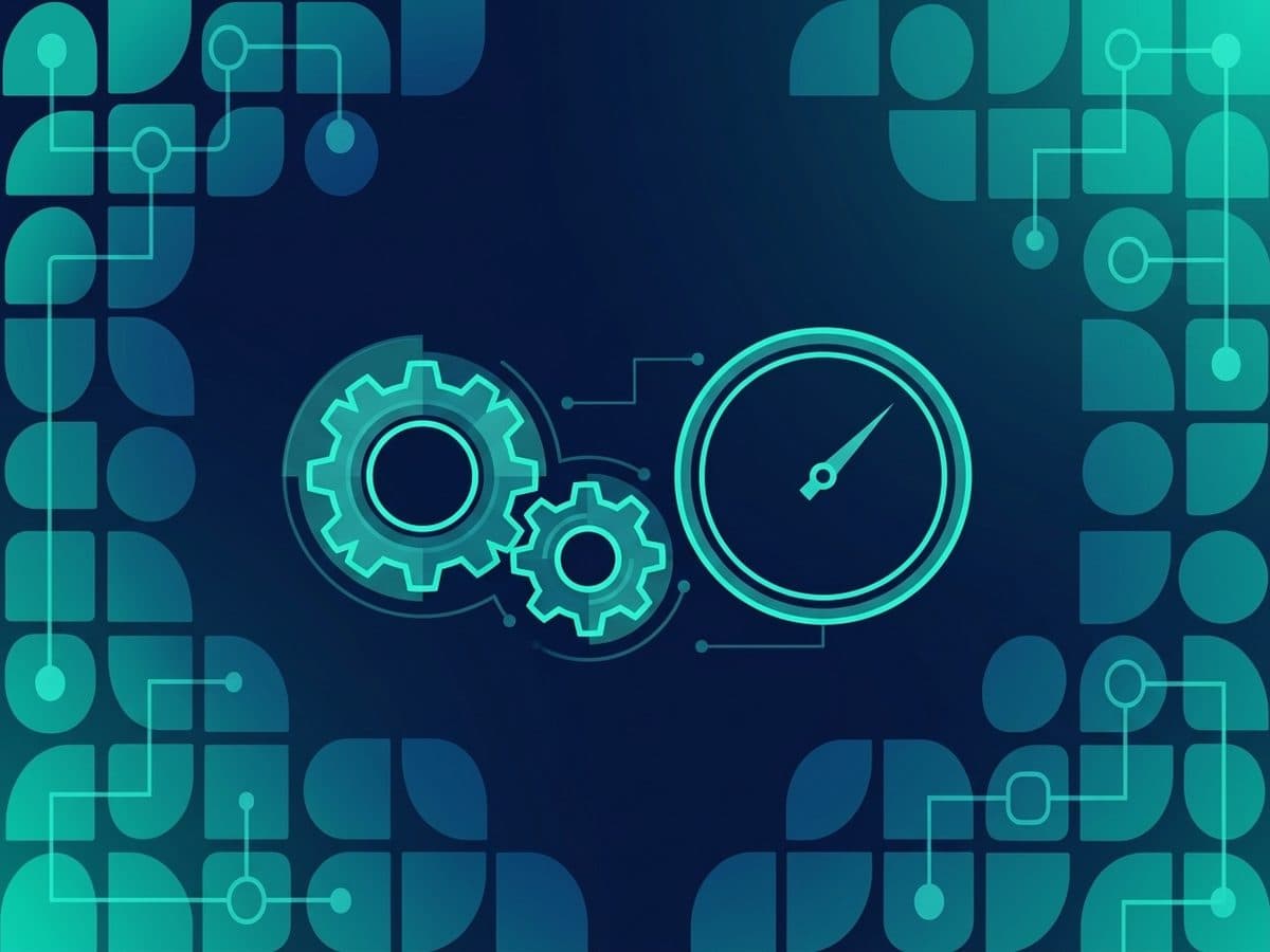 Two interlocking gears beside a plain round dial with a single hand, in navy and teal.