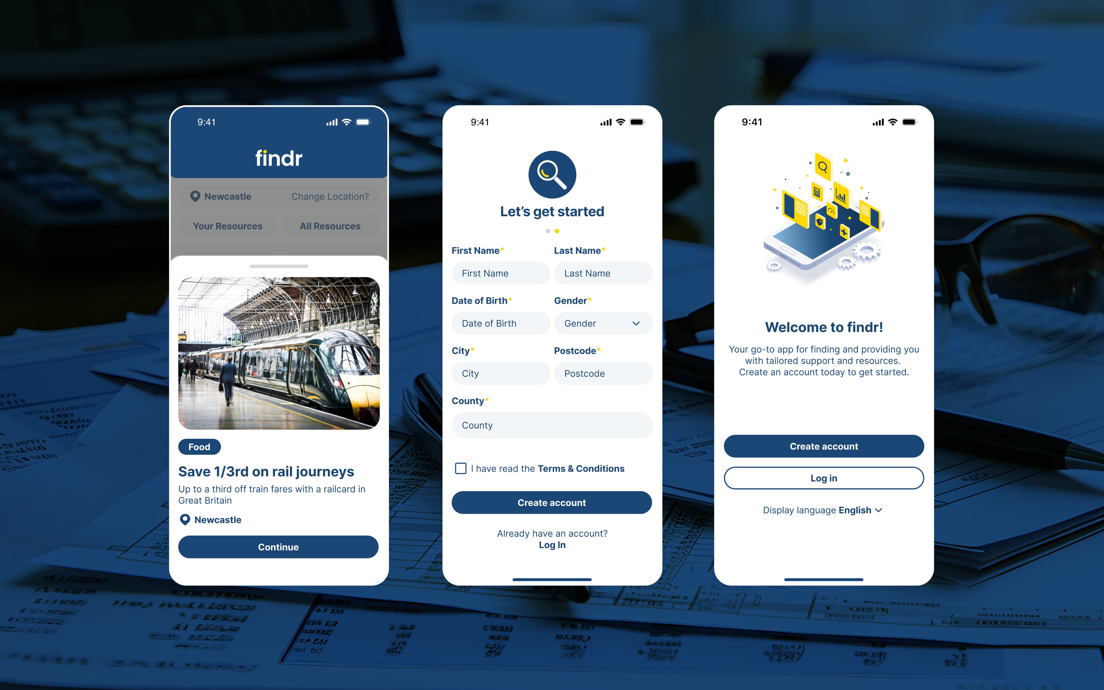 Findr App with 3 screens showing functionality