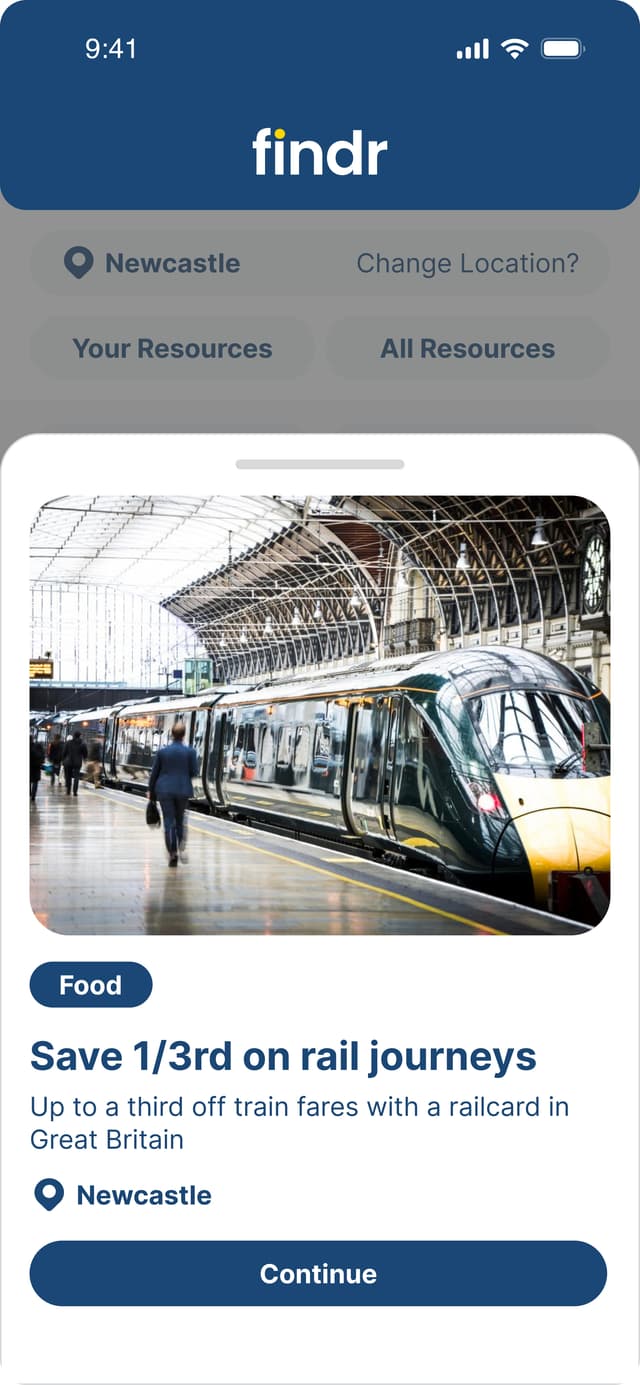 Findr App screen showing train booking