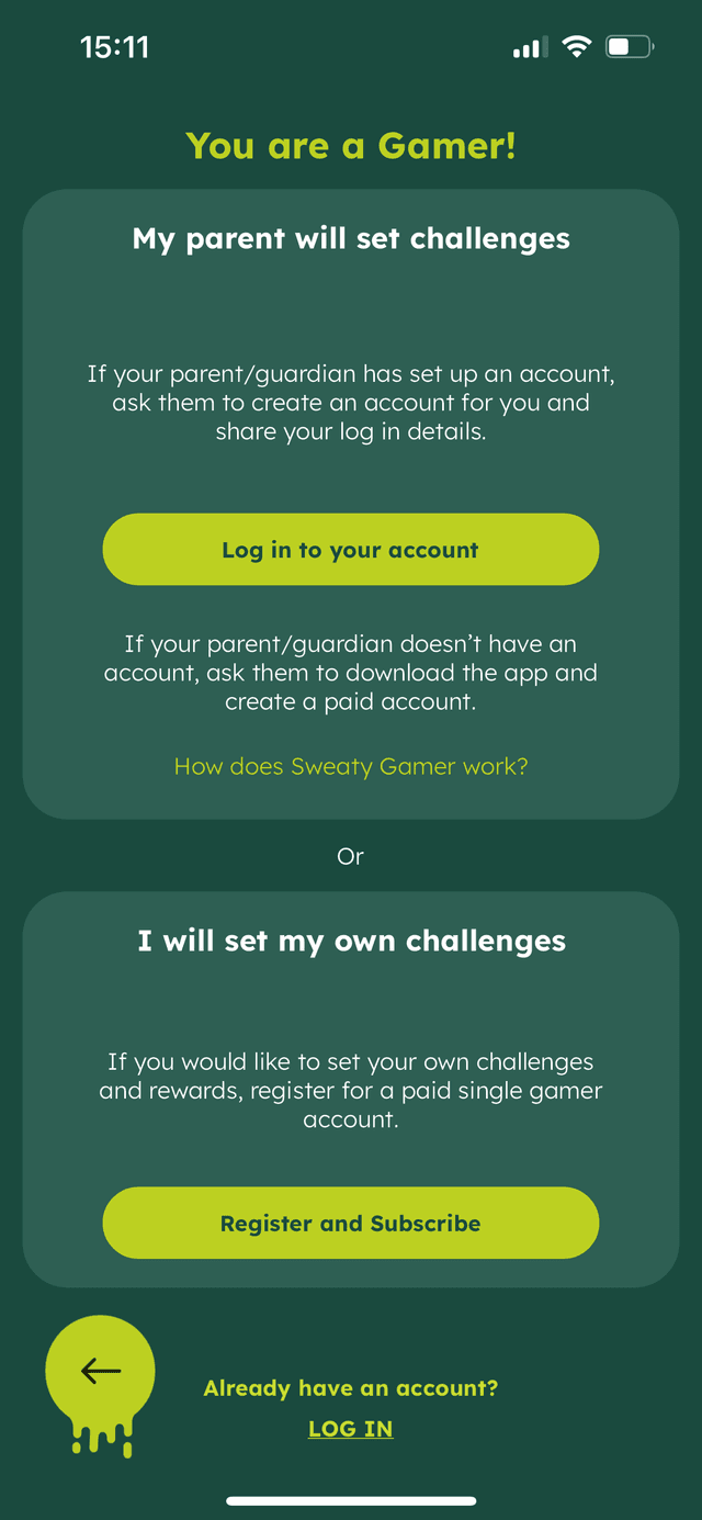 Sweaty Gamer App Login Screen