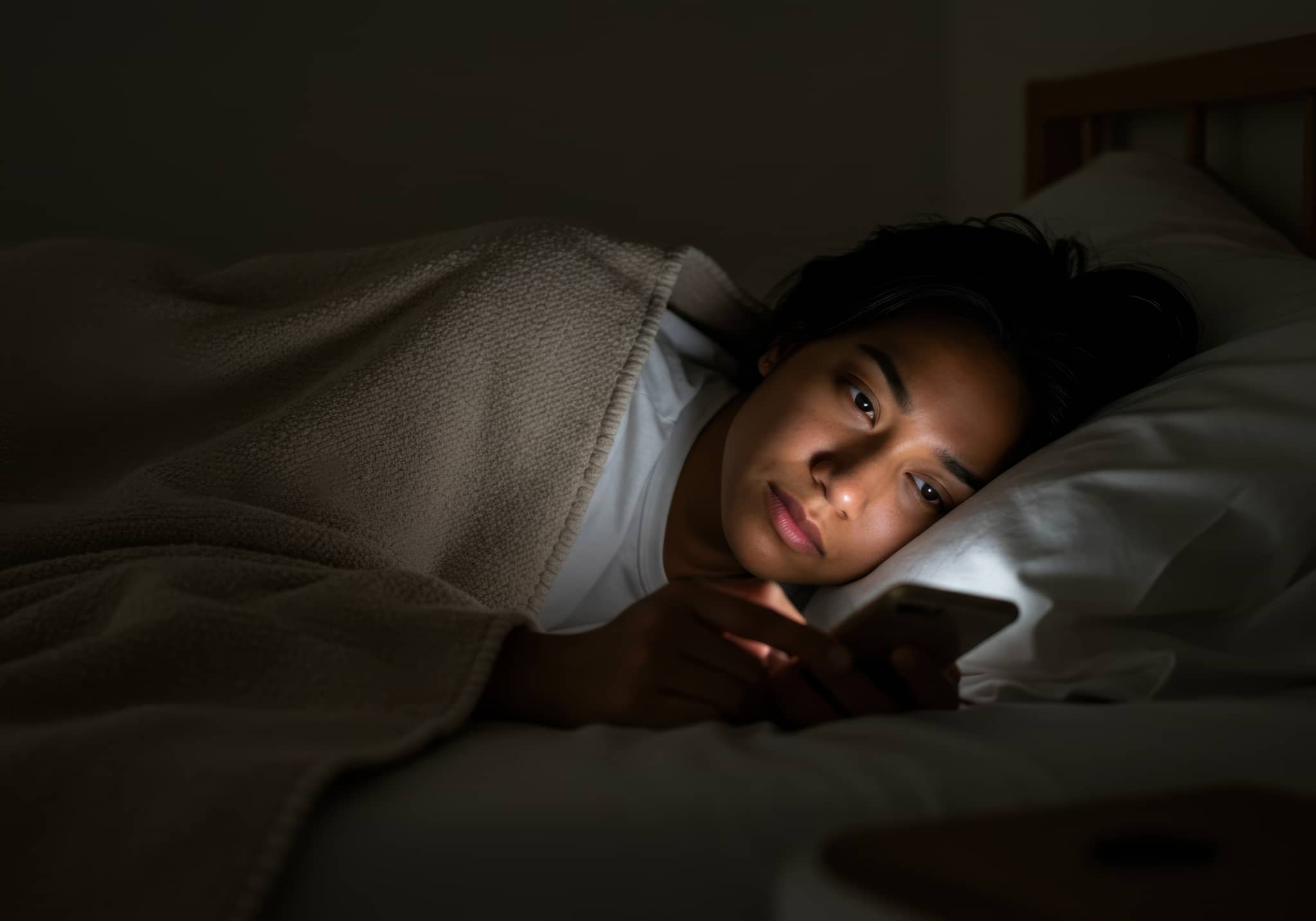 A teenager on a phone under lamplight