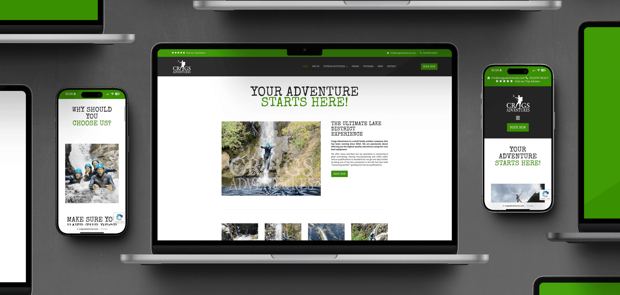 Crags adventure website on a macbook and phone