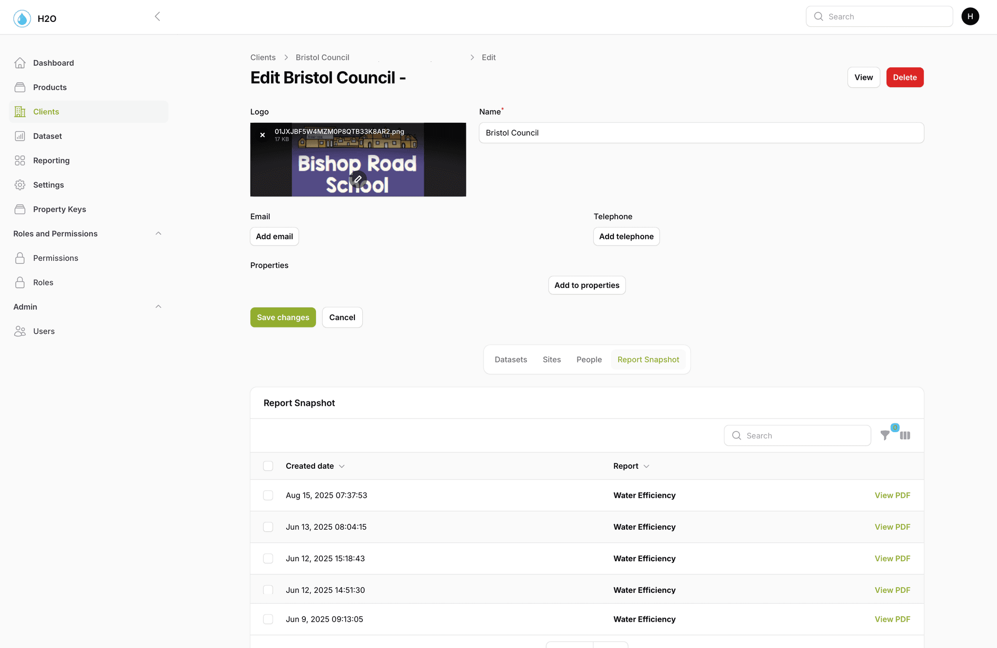 H2OiQ Web application report amending