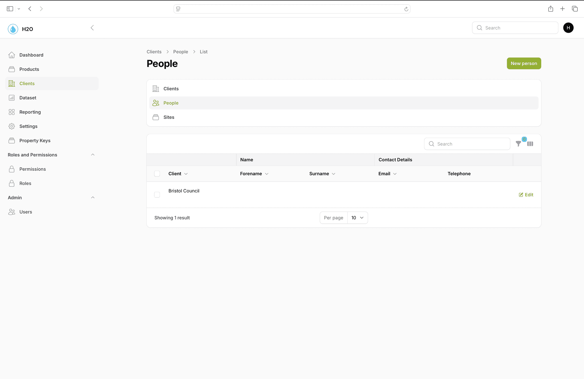 H2OiQ Web application client editing page