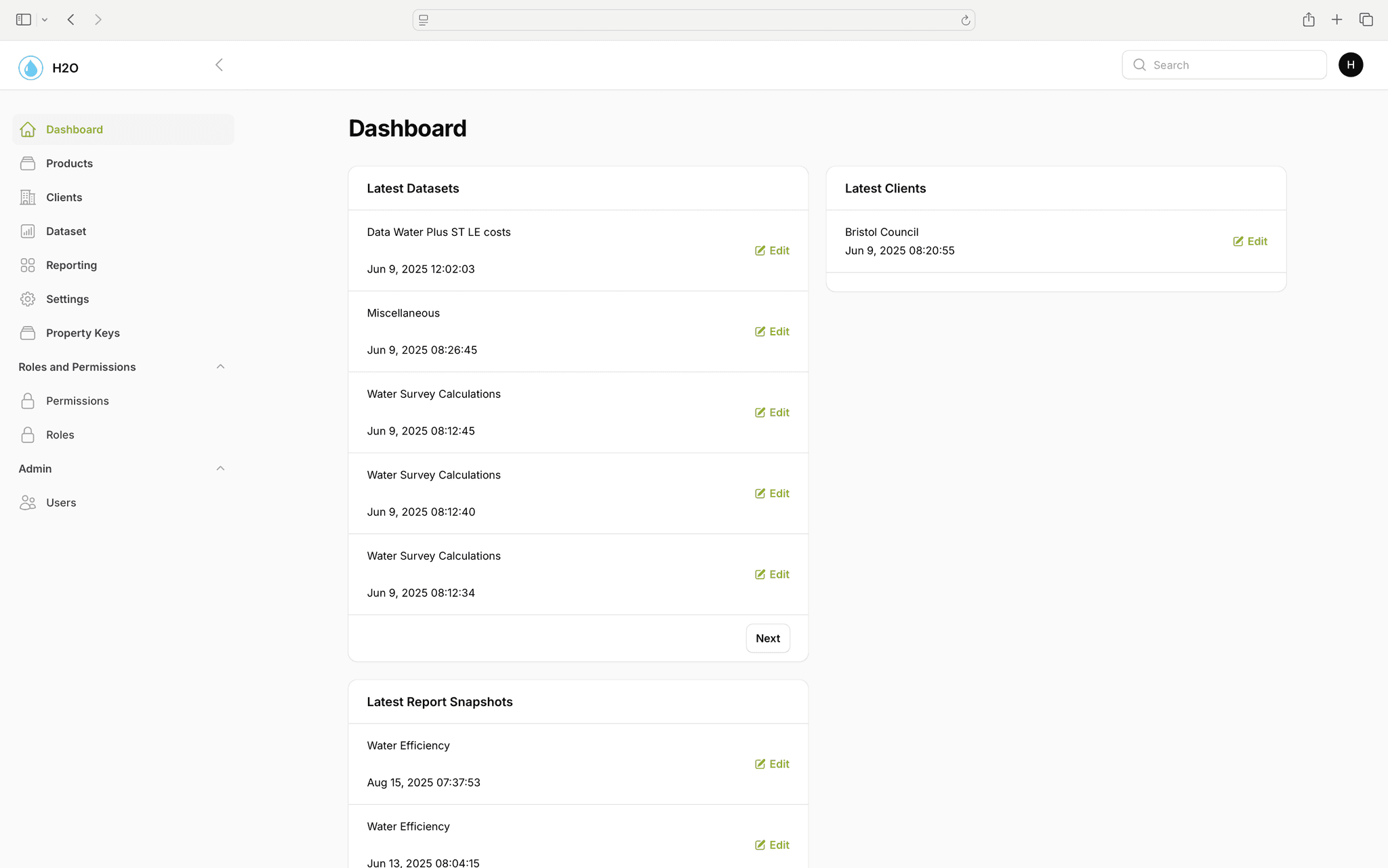 H2OiQ Web application main dashboard