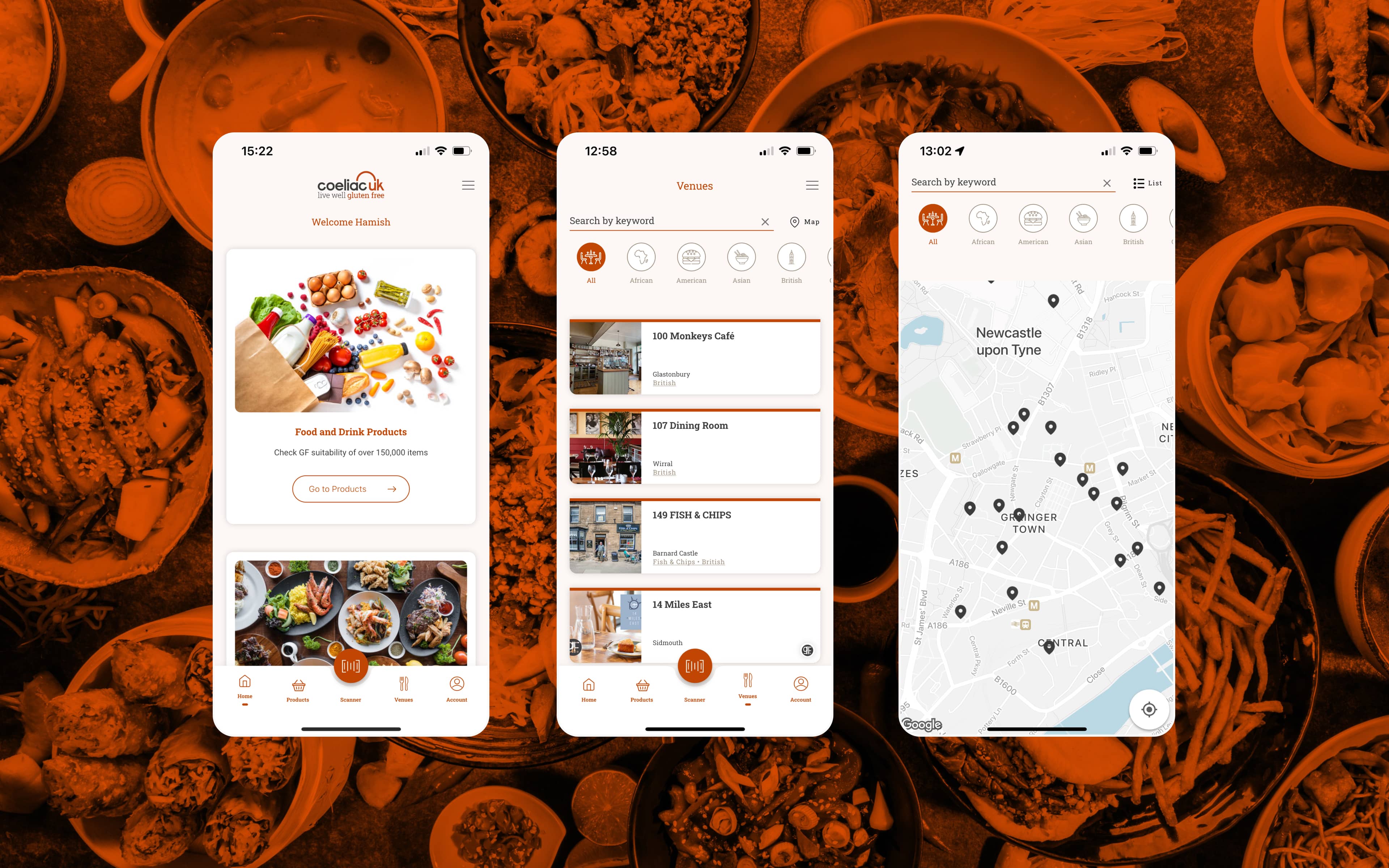 Coeliac UK app screens