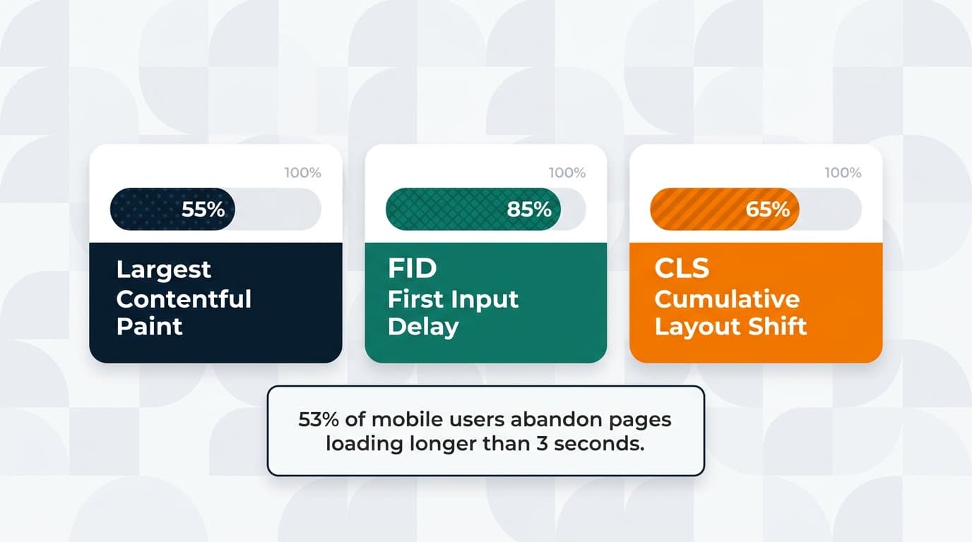 Core Web Vitals: LCP 55%, FID 85%, CLS 65% pass rates performance dashboard