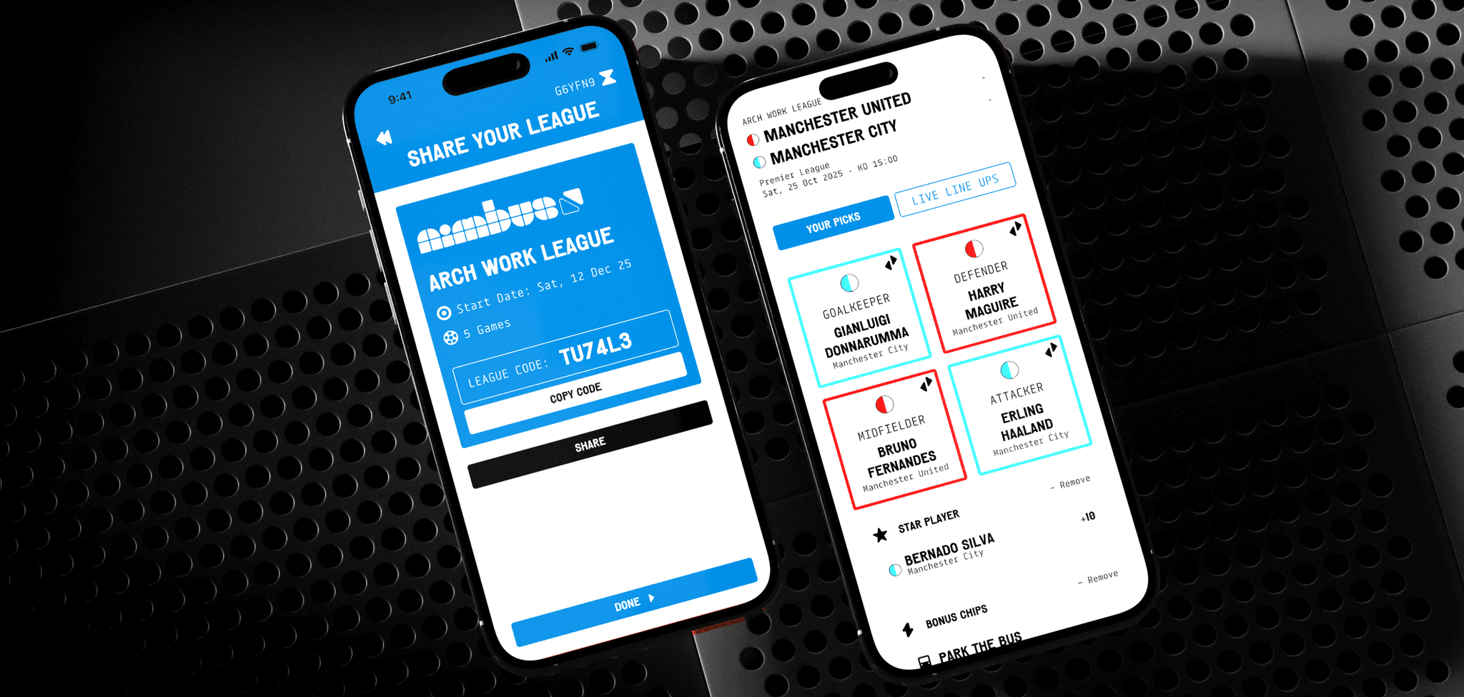 Play nimbus mobile app on 2 phones resting on a metal bench