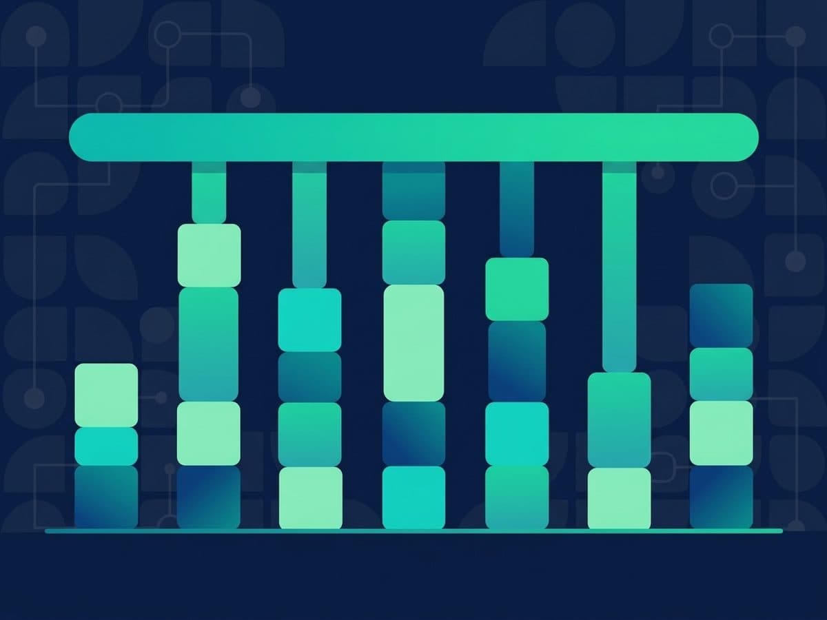 A row of block columns of different heights, most of them joined across the top by one long horizontal bar, in navy and teal.