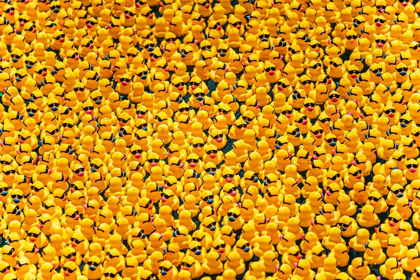 Hundreds of near-identical yellow rubber ducks packed together on dark water